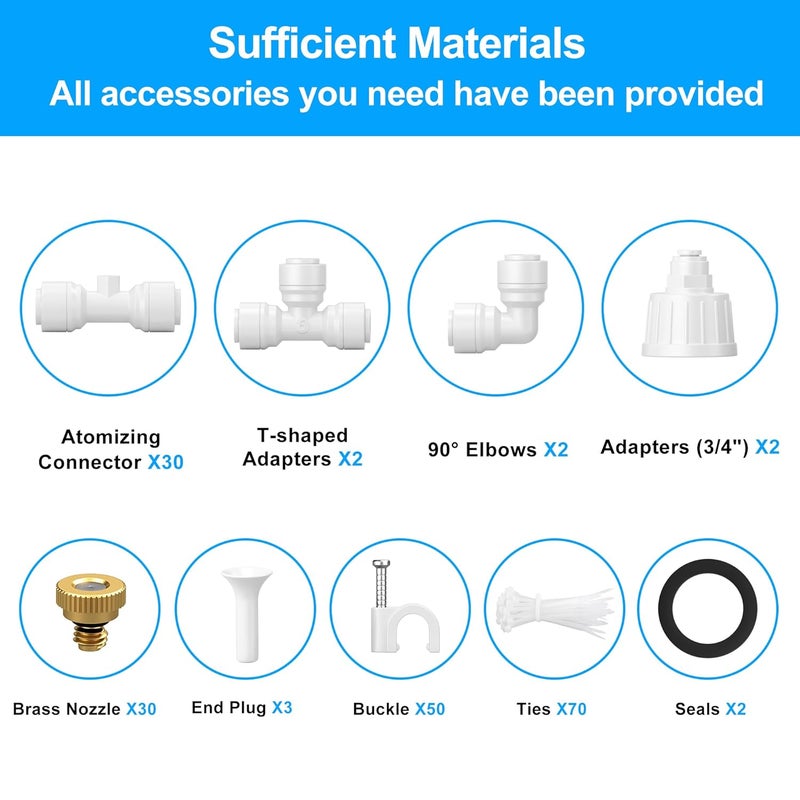 Misigo Misting Systems White, Outside Patio Misters, 100FT Misting Cooling System+30 Brass Mister System+2 PE Antioxidant Adapters 3/4"+2 Tee Adapters+2 90 Degree Elbows for Pasture&Garden&Gazebo (White) - Image 2